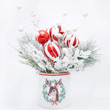 Plus tard Christmas Table Decor 12 Inches Ceramic Potted Snow Flocked Pine Needle White Berry Red Ornaments Decorative Holiday Tree Tabletop Xmas Centerpiece Decor