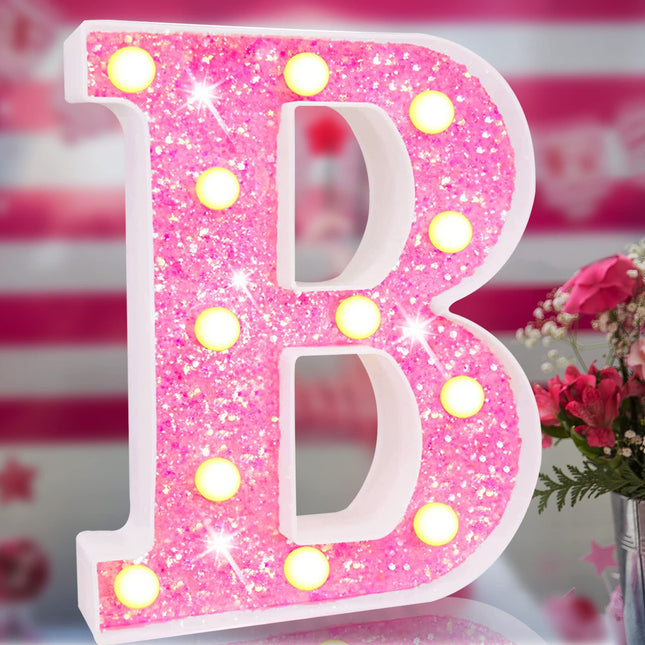 Pink Light Up Letters, Glitter Alphabet Letter Sign Pink LED Marquee Letter Lights Battery Powered for Night Light Girls Bedroom Birthday Party Wedding Home Christmas Decorations for Her-Pink B