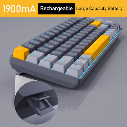 Wireless 60% Mechanical Gaming Keyboard, 3 Connection Mode Keyboard with Clicky Blue Switches, Portabl Compact Black&Grey Keyboard,68 Keys Mini Keyboard for Mac/Windows,Gamer,Typist,Travel,Trip