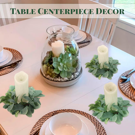 4 Pieces Candle Rings Artificial Eucalyptus Leaves Wreaths Candle Rings Wreaths Small Boho Wreath Pillar Candle Holder for Wedding Home Door Tabletop Decoration (Cute Leaf Style)