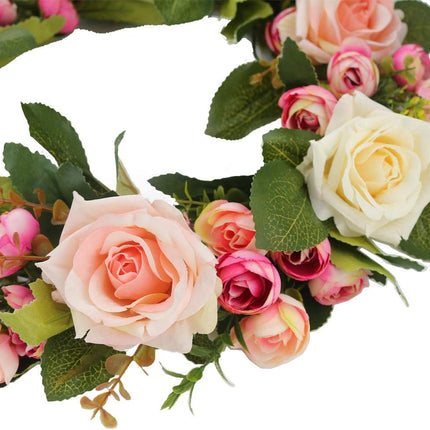 Ogrmar Artificial Flower Wreath/Handmade Floral Artificial Simulation Rose Flowers Garland Wreath for Home Front Door Christmas Wedding Party Decoration (Rose)