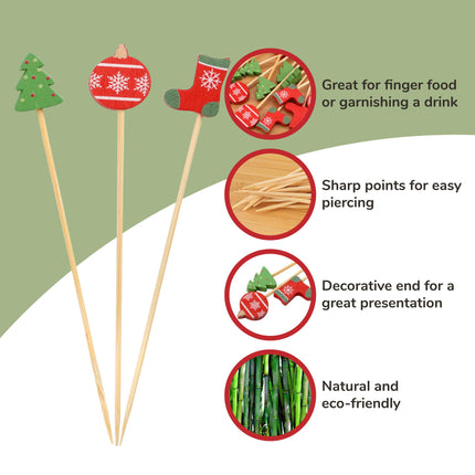 Christmas Decor Bamboo Food Appetizer Fruit Garnish Drink Picks Skewers - 3.9" (10cm) - Christmas Tree, Stocking, Ornament - 100pcs