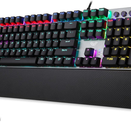 AULA Mechanical Gaming Keyboard Blue Switches,Rainbow LED Backlit,Ergonomic Wrist Rest,Aluminum Base,Full Size 108 Keys Anti-Ghosting,Macro Programmable Computer Keyboard Wired for PC Laptop