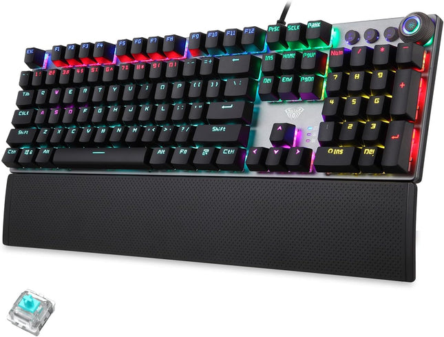 AULA Mechanical Gaming Keyboard Blue Switches,Rainbow LED Backlit,Ergonomic Wrist Rest,Aluminum Base,Full Size 108 Keys Anti-Ghosting,Macro Programmable Computer Keyboard Wired for PC Laptop