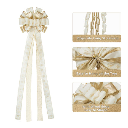 Champagne/White Christmas Tree Topper Bow, 53"x 13" Large Handmade Decorative Bows with Long Streamer Glitter Snowflake Wired Ribbon for Christmas Tree Home Decoration