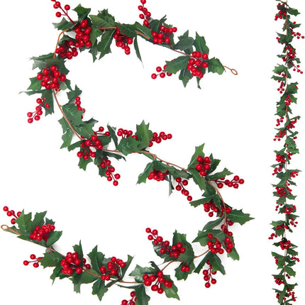 U'Artlines Total 11Ft Christmas Garland 2PCS Artificial Holiday Hanging Garlands Christmas Vine with Red Berries for Stairs Wall Fireplace Mantel Indoor Outdoor Decor (2pcs Red Berries Garland)