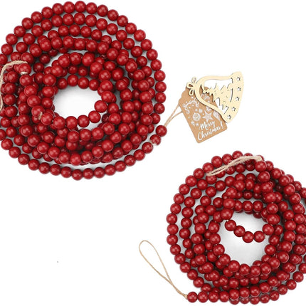 2 Pack Christmas Wood Bead Garland, Red Wooden Beads Garland, Round Wooden Beads Garland for Christmas Tree Decorations, 9 Feet+12 Feet