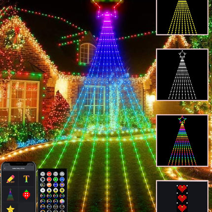 Outdoor Christmas Decorations Star Yard Lights, 12FT Smart Dynamic RGB Led Waterfall Tree Lights DIY Pattern Text App Remote Control Unique String Lights for Outside Roof Home Xmas Holiday Decor