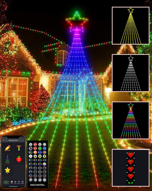 Outdoor Christmas Decorations Star Yard Lights, 12FT Smart Dynamic RGB Led Waterfall Tree Lights DIY Pattern Text App Remote Control Unique String Lights for Outside Roof Home Xmas Holiday Decor