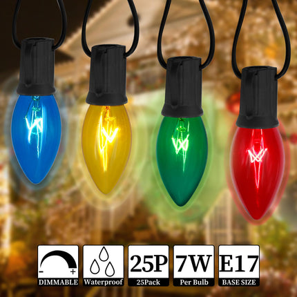 C9 Bulbs Replacement Bulbs Incandescent 25 Pack, C9 Christmas Light Replacement Bulbs for Christmas String Light, E17 Intermediate Base, 7 Watt, Multicolor