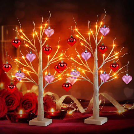 2Pcs Valentine 24'' Tabletop Birch Tree, Timing White Birch Tree with 24 LED Lights Battery Powered, Artificial Valentine Tree Set of 10 Heart Ornaments for Valentine's Day Table Decor Home Indoor