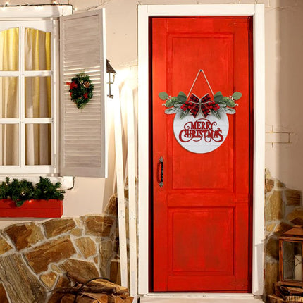 CHDITB Cute Merry Christmas Wooden Front Door Wreath(11.4”x11.4”), Farmhouse 3D Christmas Decor Hanging Sign with Red Plaid Bow Berries Mistletoe, Housewarming for Xmas Winter Holiday Year