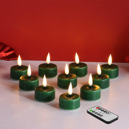 Eywamage Green Christmas Flameless LED Tealights with Remote Batteries, Flickering Battery Operated Tea Votive Candles Set of 10