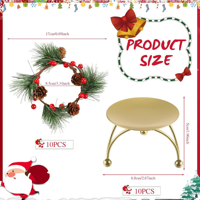 10 Set Christmas Candle Rings Wreaths Christmas Red Berries Candle Rings for Pillars with 10 Metal Candle Holders Small Christmas Wreath Decorations for Xmas Party Favors Wedding