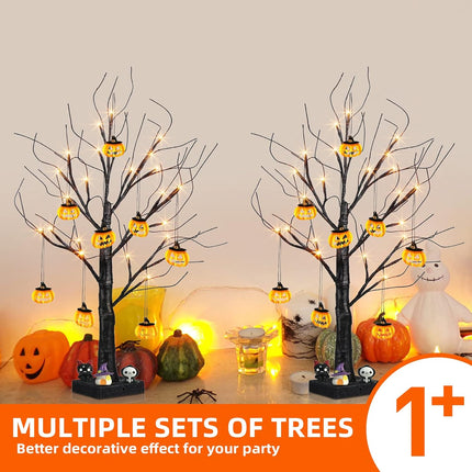 EAMBRITE Halloween Tree, 2FT Black Spooky Tree with 24 LED Orange Lights 8 Pumpkin, Battery Operated Small Tabletop Black Tree with Timer for Indoor Centerpiece Decorations Christmas Home Fireplace