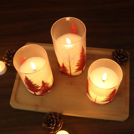DRomance Christmas Tree Glass Flameless Candles with Remote Timer Battery Operated Real Wax 3D Wick LED Flickering Pillar Candles Christmas Holiday Decor(Red, 3 x 4,5,6 Inch)