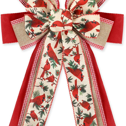 Whaline Christmas Wreath Bow Red Cardinal Birds Pattern Burlap Bow 16.5 x 11 Inch Xmas Special Design Tree Topper Ornament Bow for Christmas Party Indoor Outdoor Home Door Fireplace Decor