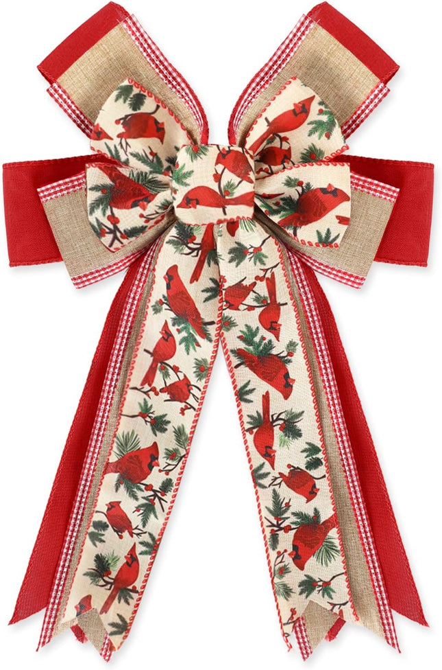 Whaline Christmas Wreath Bow Red Cardinal Birds Pattern Burlap Bow 16.5 x 11 Inch Xmas Special Design Tree Topper Ornament Bow for Christmas Party Indoor Outdoor Home Door Fireplace Decor