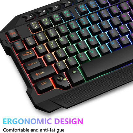 Multiple Color LED Rainbow Backlit Wired Gaming Keyboard and Mouse Combo, USB Ergonomic Computer Keyboard with 7 Colors 3600DPI 6 Button Mouse for PC Windows Mac Game and Work