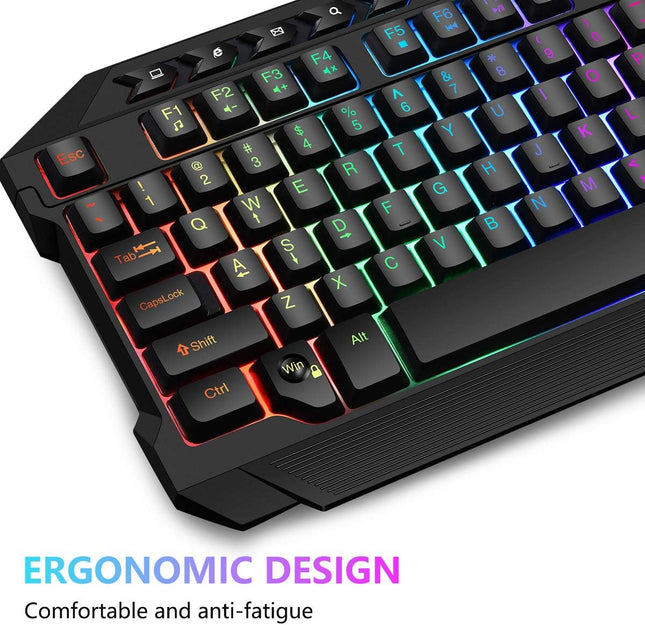 Multiple Color LED Rainbow Backlit Wired Gaming Keyboard and Mouse Combo, USB Ergonomic Computer Keyboard with 7 Colors 3600DPI 6 Button Mouse for PC Windows Mac Game and Work
