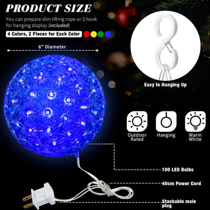 8 Pcs Christmas Lights Ball 5.5 in 100 Led Starlight Sphere Lights Christmas Hanging Sphere Lights with Stackable Plug S Hook for Trees Xmas Party Weddings Porches Indoor Outdoor Decorations