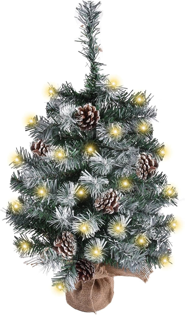 Artificial Mini Christmas Tree with LED Lights, 21 Inch Table Top Christmas Tree with Pine Cones for Holiday and Christmas Decoration