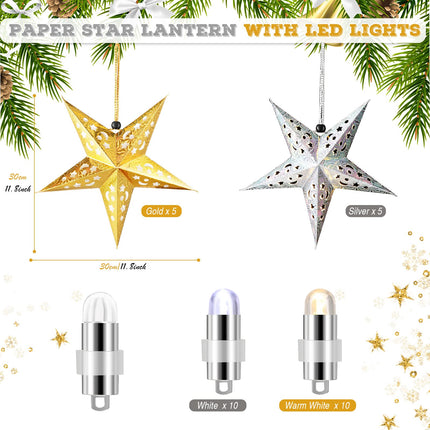 10 Pcs Christmas Paper Star Lantern Lampshade 3D Paper Star Hanging Decoration Star Light Paper Lanterns with 20 LED Party Light for Xmas Independence Day Party Home Decor (Gold, Silver)