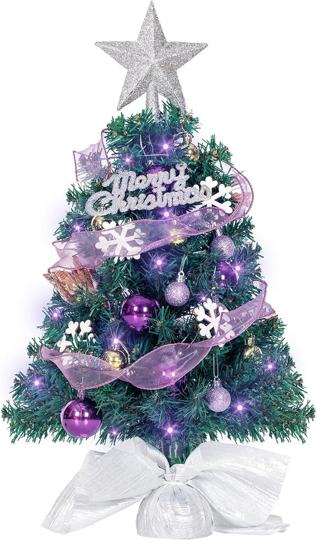 NALONE Mini Christmas Tree with Lights and Timer, 24 Inch Snow Flocked Small Christmas Tree with 28 Pcs Ornaments, 90 Branch Tips Tabletop Christmas Tree for Holiday Decoration (Purple)