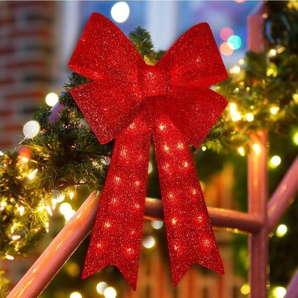 Christmas Glitter Red Bow，Lighted Large Christmas Bows Wreath Decoration,Christmas Tree Topper Decorative Bow for Indoor Outdoor Christmas Parties Decorations (32IN 72LED)