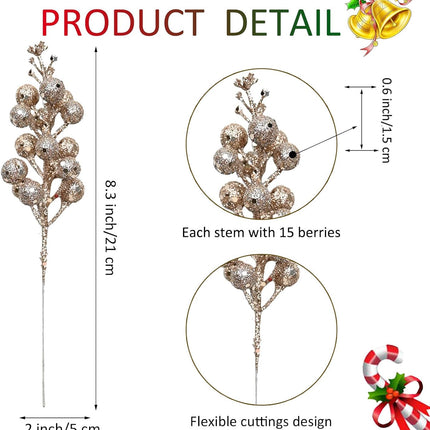 24 Pieces Christmas Glitter Berries Stems Artificial Berry Twig Stem Berry Picks Decorations for Christmas Ornaments, DIY Xmas Wreath, Holiday and Party Decor (Champagne)