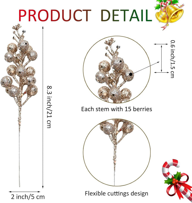 24 Pieces Christmas Glitter Berries Stems Artificial Berry Twig Stem Berry Picks Decorations for Christmas Ornaments, DIY Xmas Wreath, Holiday and Party Decor (Champagne)