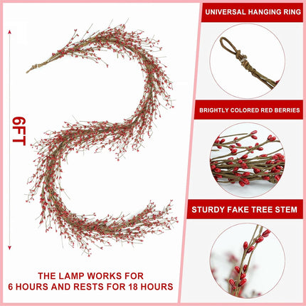 6FT Red Berry Garland with Lights, Artificial Berry Christmas Garland for Indoor and Outdoor Thanksgiving Christmas Decoration, Table Arrangements, Fireplace Mantel, and Centerpiece Decorations