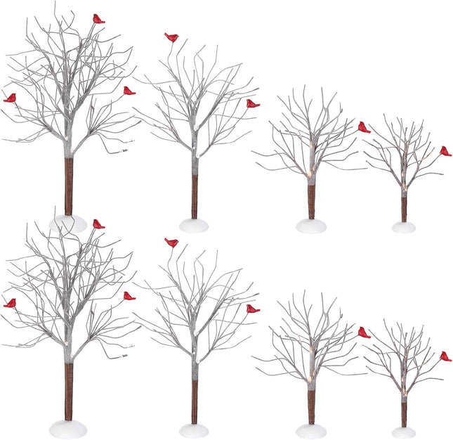 8 Pcs Christmas Decor Trees Christmas Village Trees Set Mini Decor Trees with Red Birds Snow Village Frost Trees Winter Snow Model Birch Trees Village Accessories for House Garden Winter Table Decor