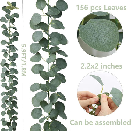 2 Pack Artificial Eucalyptus Garland Faux Silk Leaf Silver Dollar Eucalyptus Leaves Vines Handmade Garland Greenery Wedding Backdrop Indoor Outdoor Arch Wall Decoration