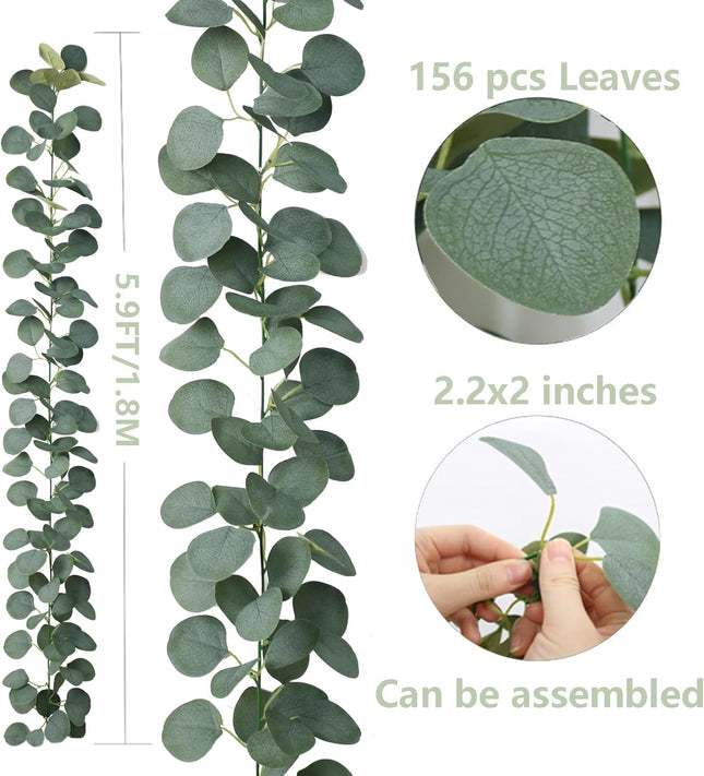 2 Pack Artificial Eucalyptus Garland Faux Silk Leaf Silver Dollar Eucalyptus Leaves Vines Handmade Garland Greenery Wedding Backdrop Indoor Outdoor Arch Wall Decoration
