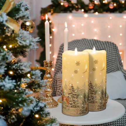 Eywamage Forest Deer Fiber Optic Flameless Pillar Candles with Remote, Flickering Christmas LED Battery Candles Set of 3