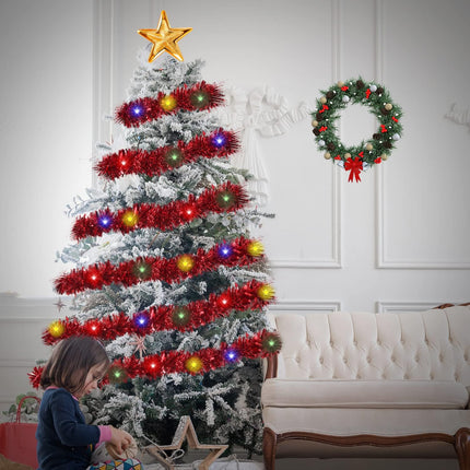 KIMOBER 32.8 Ft Christmas Prelit Tinsel Garland, Red Metallic Garland with 100 LED Lights for Christmas Tree Decorations,Wedding Party Supplies
