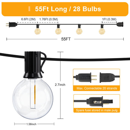 Outdoor String Lights,55FT Shatterproof LED Patio Lights with 30 Dimmable Plastic G40 Bulbs,2200K Waterproof Hanging Lights String,Connectable Outside Lights for Backyard,Cafe,Porch,Deck,E12 Base