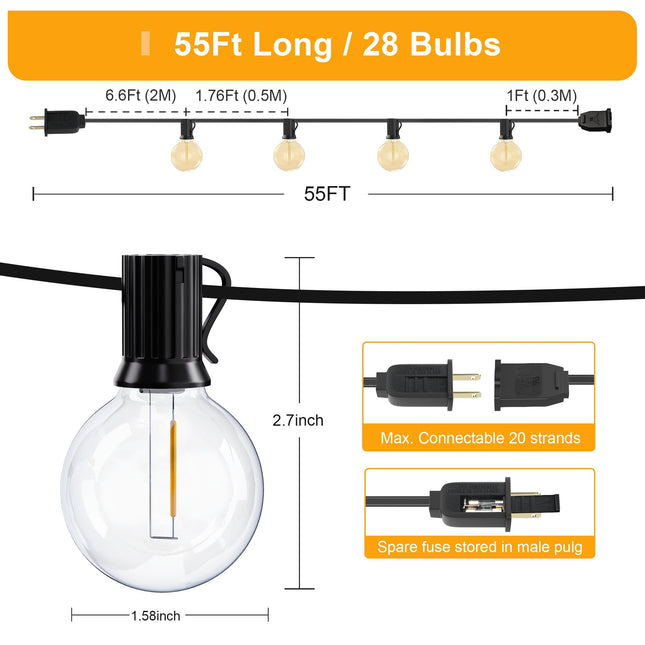 Outdoor String Lights,55FT Shatterproof LED Patio Lights with 30 Dimmable Plastic G40 Bulbs,2200K Waterproof Hanging Lights String,Connectable Outside Lights for Backyard,Cafe,Porch,Deck,E12 Base