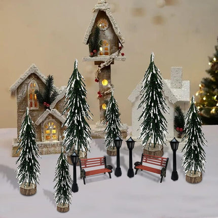 13 Pieces Mini Artificial Christmas Tree Set with Christmas Village Houses 4 Pieces Xmas Street Lamp Post and 2 Pieces Miniature Park Bench Seat for Christmas Table Top Decor