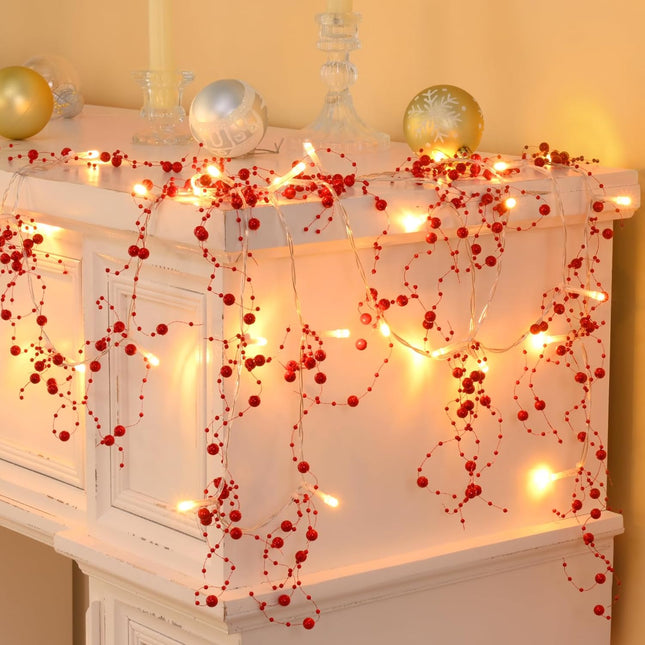 Waipfaru Christmas Garland with Lights, Lighted Berry Garland, 13.1FT Christmas Tree Garland, Christmas Decorations Indoor for Home Outdoor Gate Table Fireplace Year Decor, Red