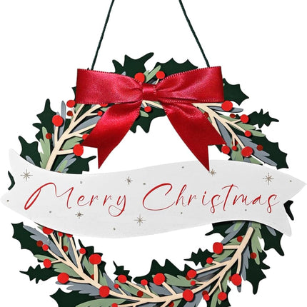 Christmas Wreath for Front Door, Wooden Christmas Door Wreath with Red Ribbon, Merry Christmas Wreath with Foldable Design and Magnets, Hanging Wreath for Holiday Rustic Farmhouse Wall Decor