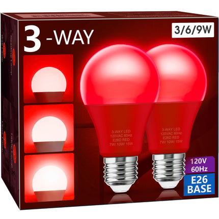 Briignite 3 Way Red Light Bulbs, 3 Way LED Light Bulbs 30 70 100W Equivalent, Red 3 Way Light Bulbs, Three Way A19 Light Bulbs E26 Medium Base, Christmas Light Bulbs, 2Pack