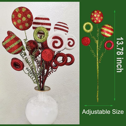6pcs Christmas Tree Decorations Candy Xmas Picks Lollipop Balls Curly Pick Christmas Striped Glitter Branch Ornament for Xmas Tree Topper Decoration Christmas Holiday Craft Wreath Vase Filler