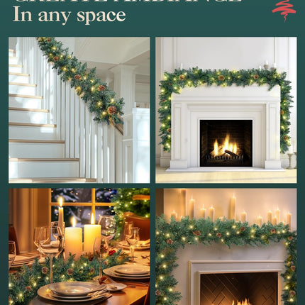 9FT Prelit Christmas Garland - with Pine Cone, Battery Operated Garland with Timer, Artificial Holiday Decor for Mantle Stairs Door Indoor Outdoor