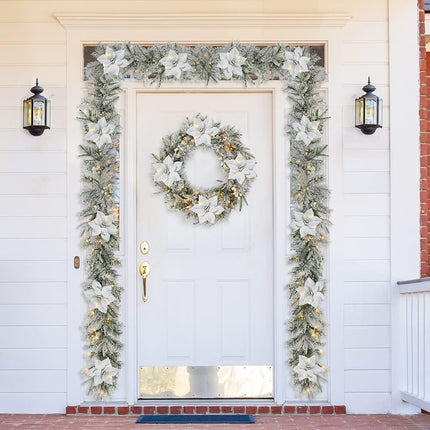 Glitzhome 9ft Pre-Lit Snow Flocked Greenery Pine Poinsettia Christmas Garland, with 50 Warm White Lights with Timer