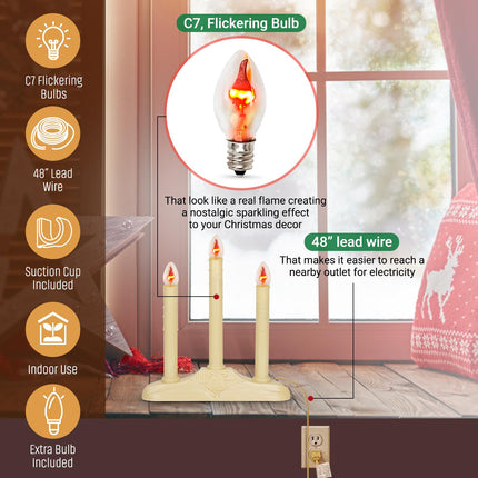 Tupkee Christmas Candolier Window Candles – with Flickering Bulbs – 3-Lights Indoor - Flameless Electric Window Candles Candelabra