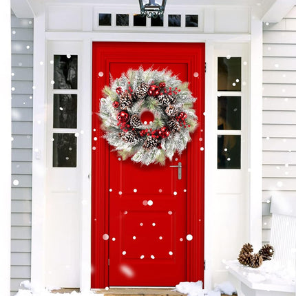 DDHS Christmas Wreaths for Front Door,24 Inch Pre-Lit Winter Wreath with Big Bells, Pine Cones, Red Berries 60 LED Lights, for Party Table Fireplaces Porch Walls Years Christmas Home Decor-Snow