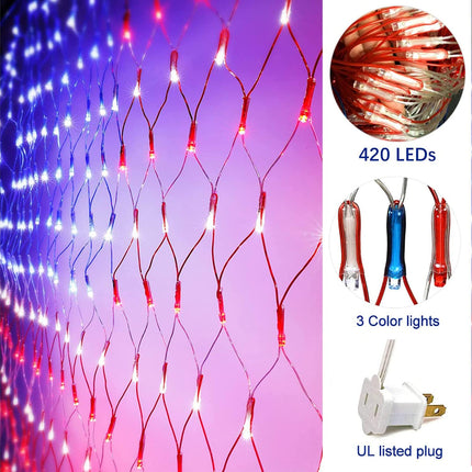 American Flag Lights, Outdoor Flag String Lights 420 LED Waterproof Led Flag Net Light Patriotic Ornaments for Outdoor Home Yard,Garden, Camping, Memorial Day, 4th of July, Christmas Decorations