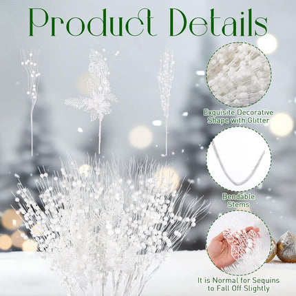 XunYee 60 Pcs Christmas Picks and Sprays for Tree,3 Styles Glitter Artificial Christmas Berry Stem Xmas Tree Filler Branch Ornaments Bead Stick for Christmas Tree Wreath Garland Decor(White)